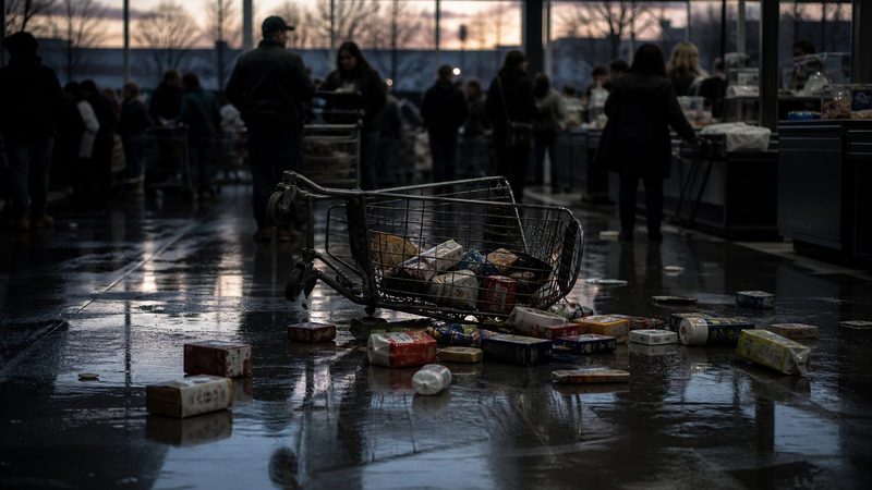 Crowded supermarket checkout aisle at dusk, abandoned shopping cart tipped over, scattered packaged goods across the wet floor tiles
