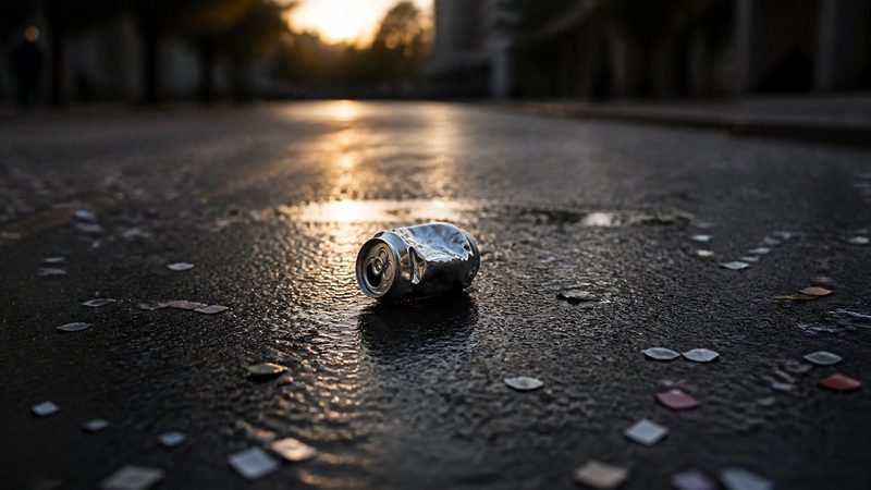 Crumpled aluminium can lying alone on wet asphalt at dawn, surrounded by scattered confetti from a night crowd
