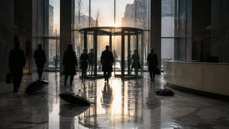 Crowded office building lobby at dawn, empty reception desk, revolving glass door mid-turn, scattered umbrellas dripping on marble floor