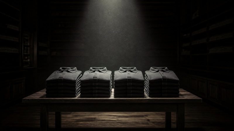 Rows of identical folded polo shirts stacked on a dim wooden retail table, empty aisle behind, dust drifting in a single spotlight