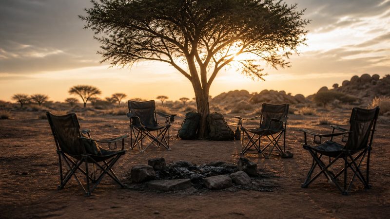 Empty reality-show base camp at dawn, folding chairs abandoned around cold ashes, dusty backpacks slumped against a lone acacia tree