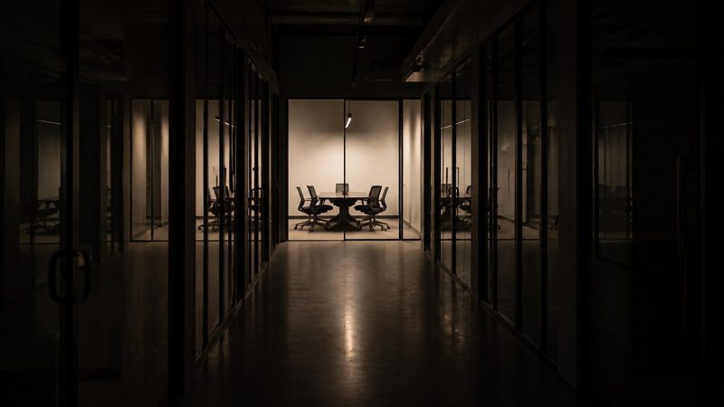 Empty office corridor at night, rows of dark glass partitions, a single meeting room lit from within, chairs pushed back