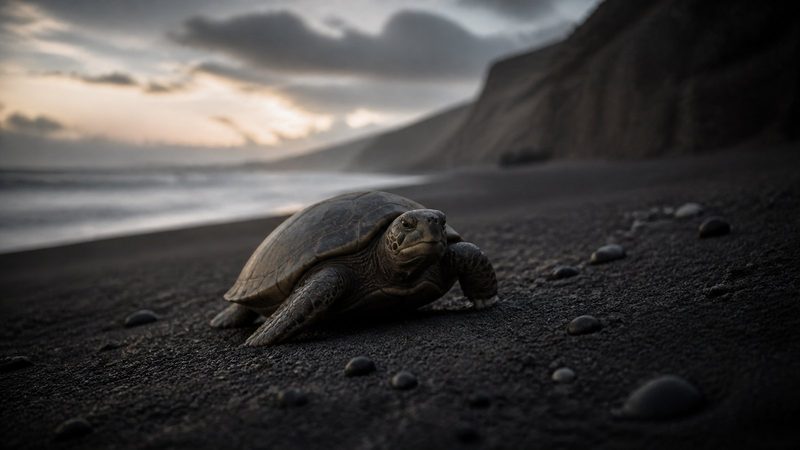 Solitary tortoise crawling up a dark volcanic beach at dusk, waves receding behind her, empty cliffs rising ahead