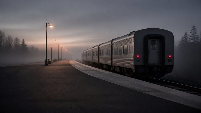 Wide empty station platform at dusk, a lone silver regional train stopped alongside, curved concrete edge stretching into fog