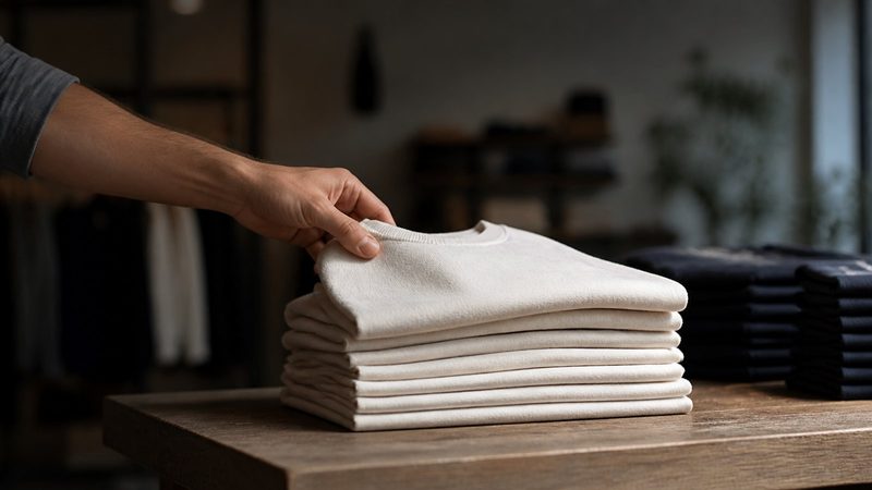 Neatly folded stacks of cotton garments on a wooden retail table, one hand reaching to lift the top item
