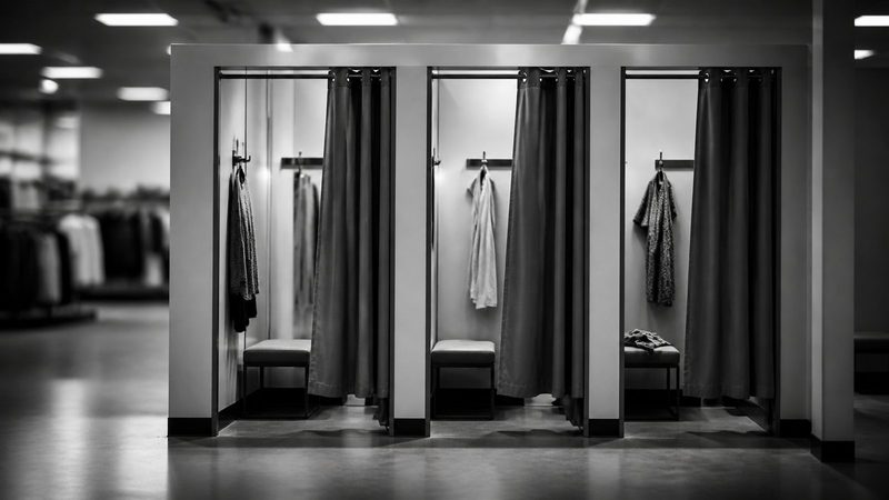 Rows of empty fitting-room cubicles in a discount clothing store, curtains half drawn, garments abandoned on hooks under fluorescent light