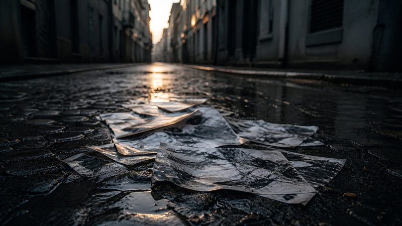 Scattered newspaper pages trampled on wet cobblestones in a narrow city street at dawn, ink smeared by rain
