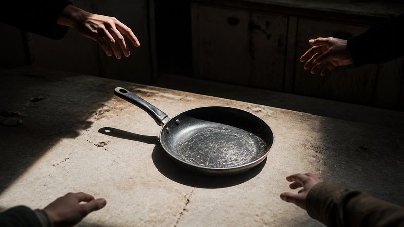 Abandoned kitchen countertop with a scratched nonstick frying pan, a few onlookers' hands reaching in from the edges, harsh overhead light
