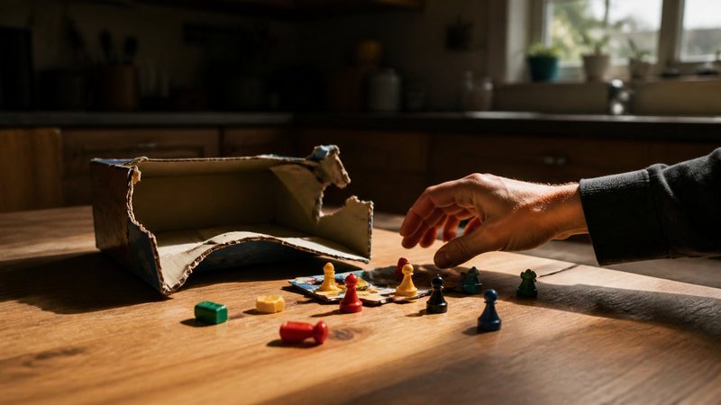 Cardboard board-game box torn open on a wooden table, plastic pieces scattered, one hand mid-reach under kitchen light