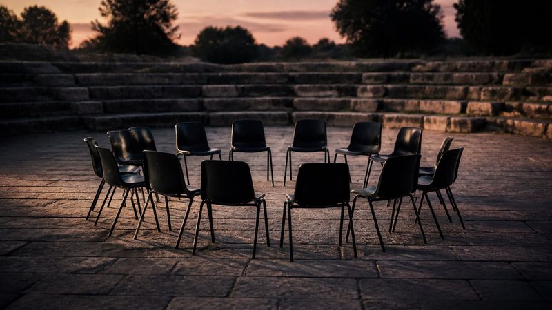 Weathered stone steps of a public forum at dusk, two facing rows of empty chairs pulled into a circle