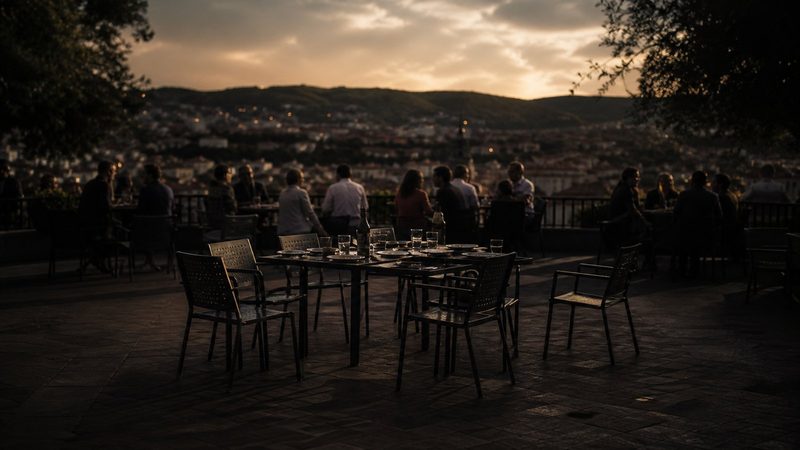 Crowded neighbourhood restaurant terrace at dusk, half the tables abruptly empty, chairs pushed back, plates left mid-meal