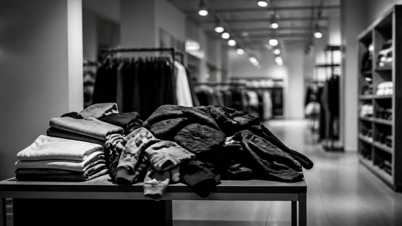 Neatly folded stacks of clothing collapsing into disarray on a shop table under harsh retail lighting, empty aisle behind