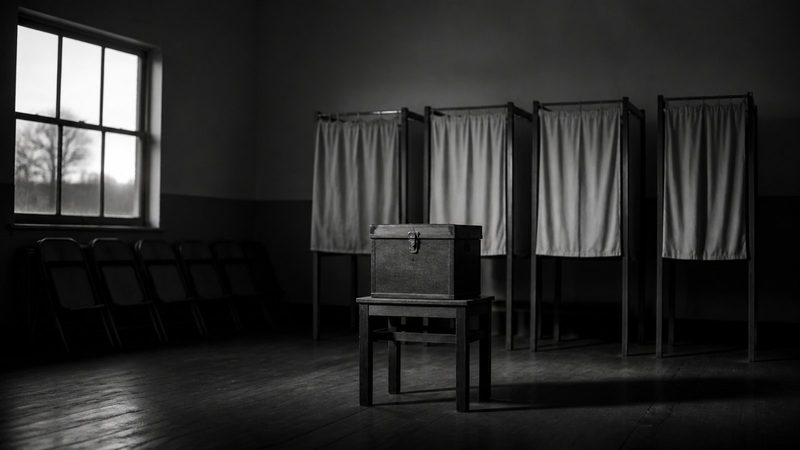 Empty polling station at dusk, wooden booths with drawn curtains, a sealed ballot box, folding chairs stacked against bare walls