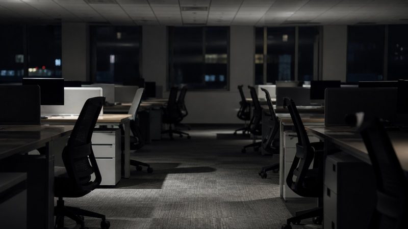 Rows of identical office desks in a dim open-plan room at night, each with an empty swivel chair pushed back
