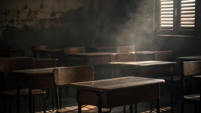 Rows of empty wooden school desks in a bare classroom, chalk dust in the air, shutters half closed at midday