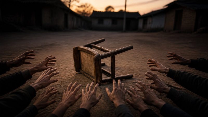 Crowd of hands reaching toward a single overturned wooden chair in an empty village square at dusk