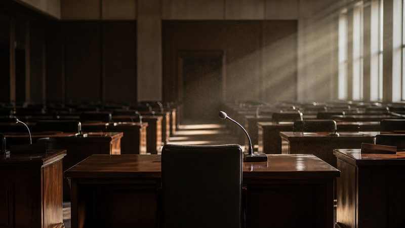 Empty government office at dawn, rows of identical desks with rotary microphones, dust motes suspended in slanted window light
