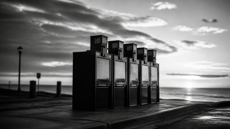 Rows of newspaper vending boxes on a windswept sidewalk at dawn, their glass doors reflecting an overcast sky
