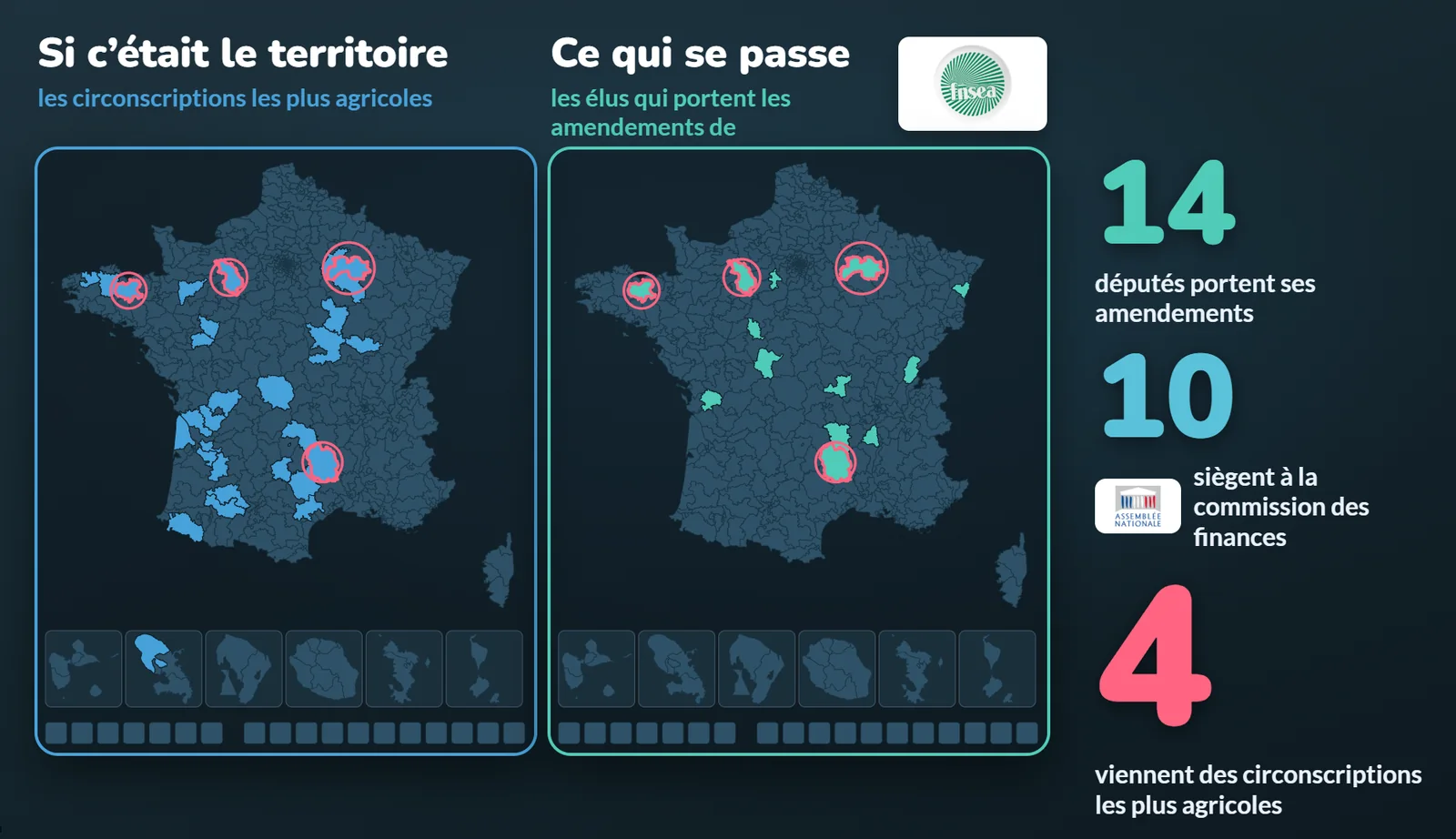 Deux cartes de France : les circonscriptions les plus agricoles, et celles des députés qui portent les amendements de la FNSEA
